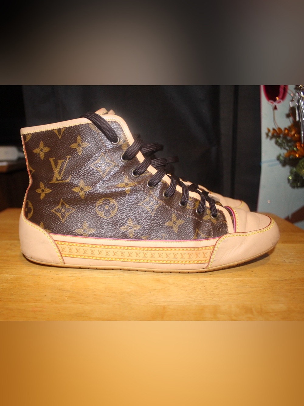 Louis Vuitton Beige and Brown High-Top Sneakers with Pink Trim